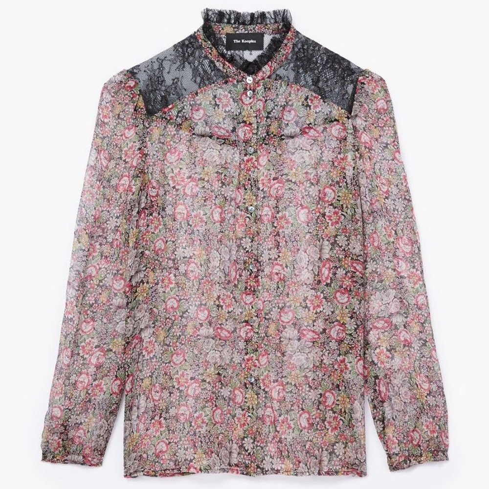 KOOPLES Sheer Floral Blouse Silk Chiffon Lace Trim WOW gorgeous - Picture 2 of 14